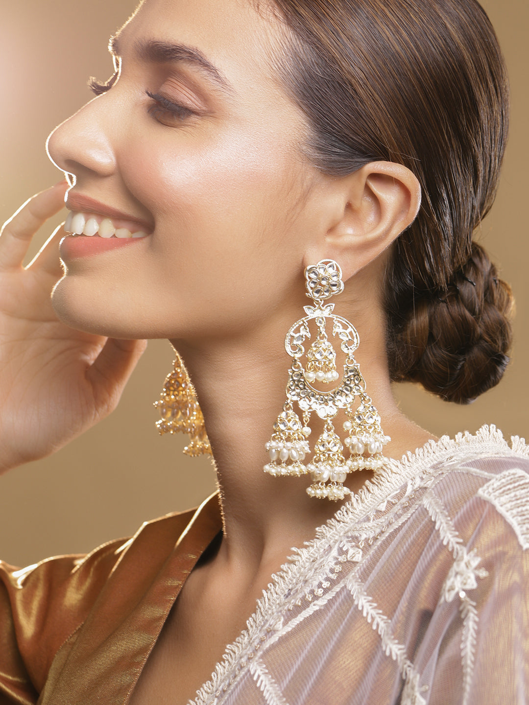 Divine White Kundan Chandelier Jhumka Gold