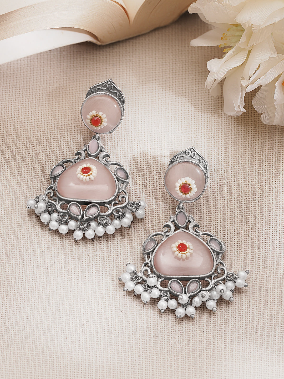 Statement Blush Pink Oxidised Drop Earrings フリーサイズ