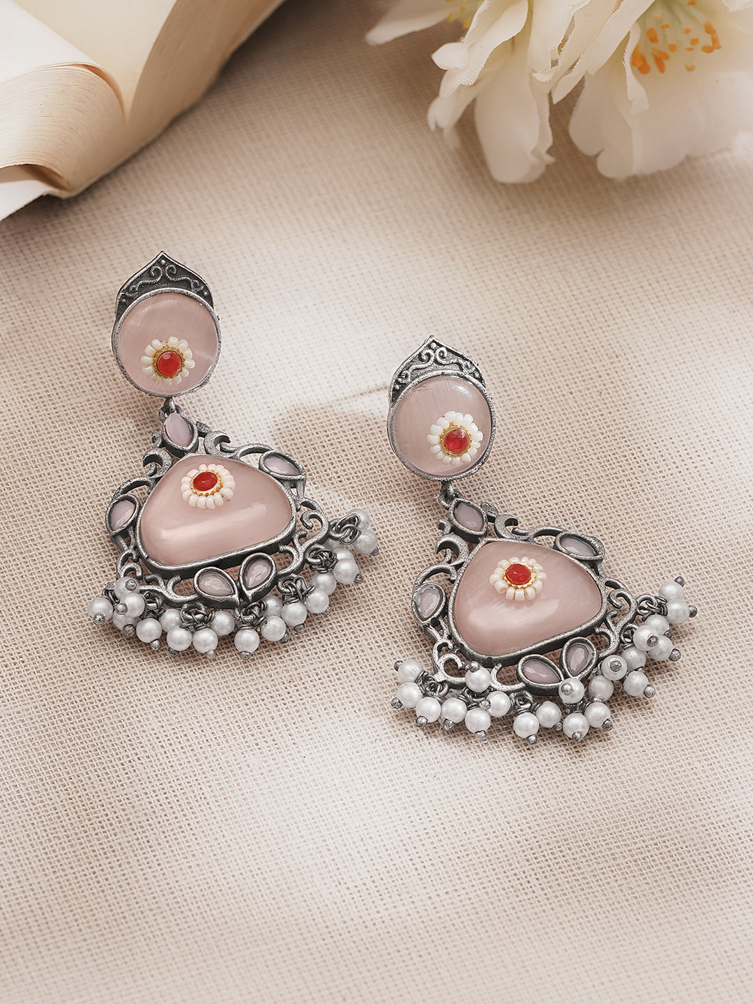 Statement Blush Pink Oxidised Drop Earrings フリーサイズ