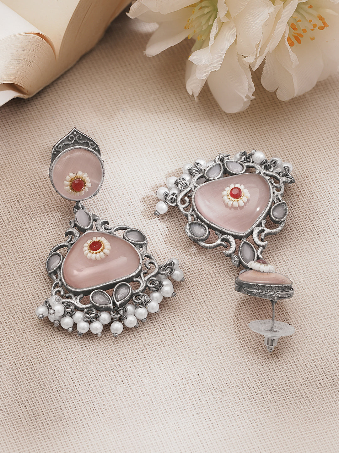 Statement Blush Pink Oxidised Drop Earrings フリーサイズ
