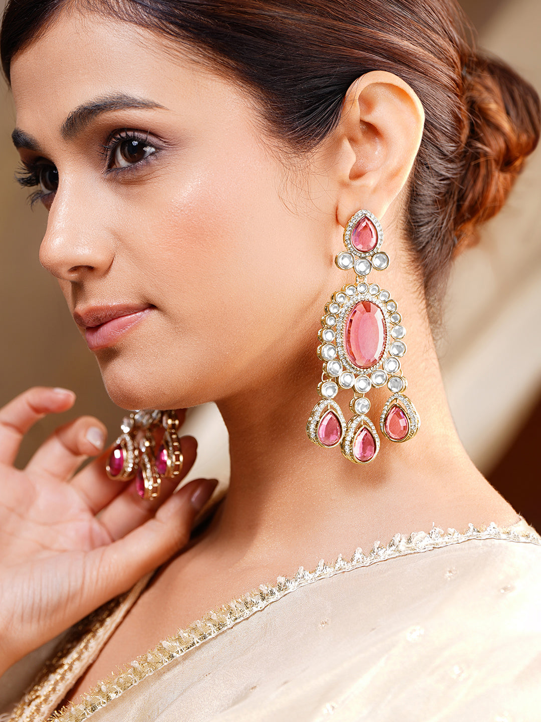 Pink Gemstone Chandelier Earrings フリーサイズ