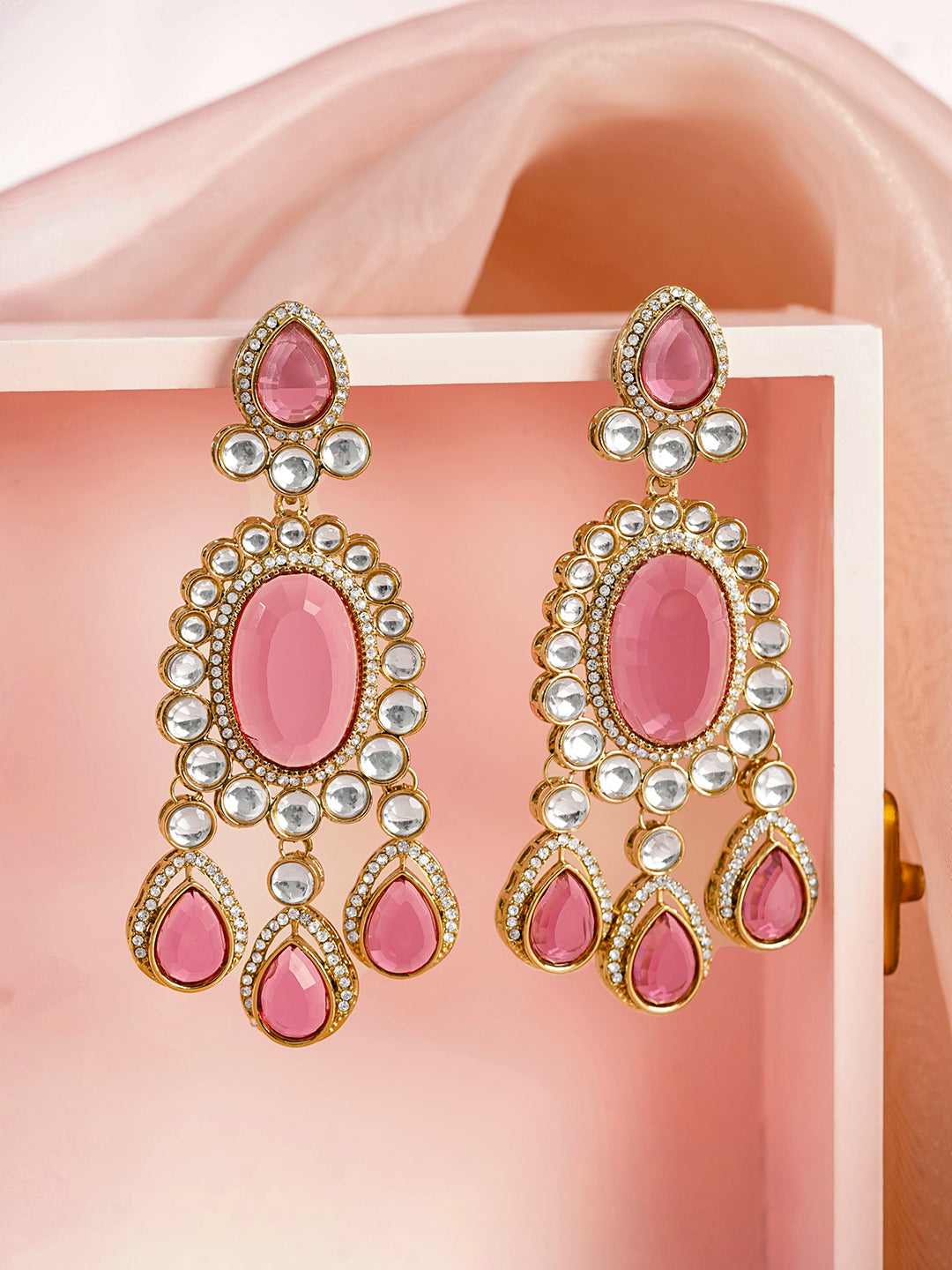 Pink Gemstone Chandelier Earrings フリーサイズ