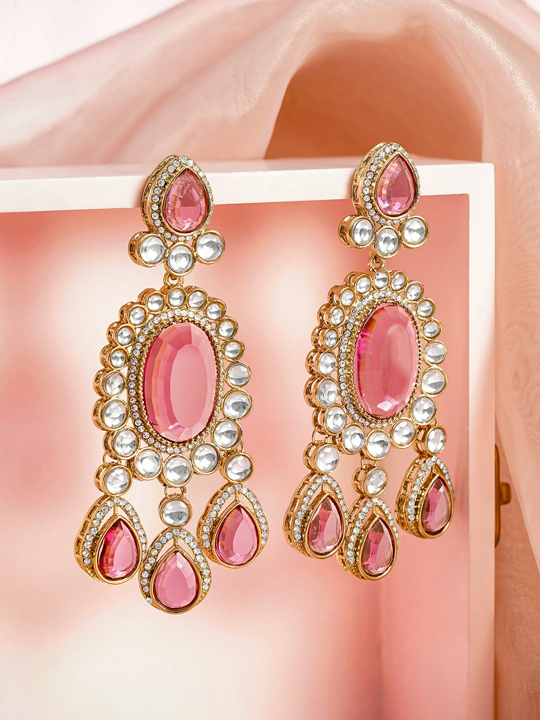 Pink Gemstone Chandelier Earrings フリーサイズ