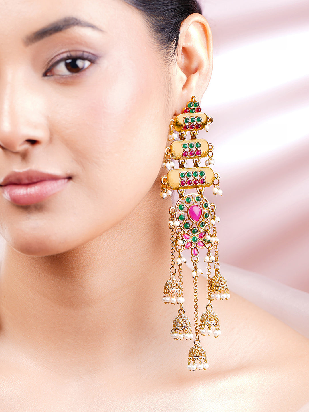 Royal Ruby Green Festive Kashmiri Earrings Length - 13 cm