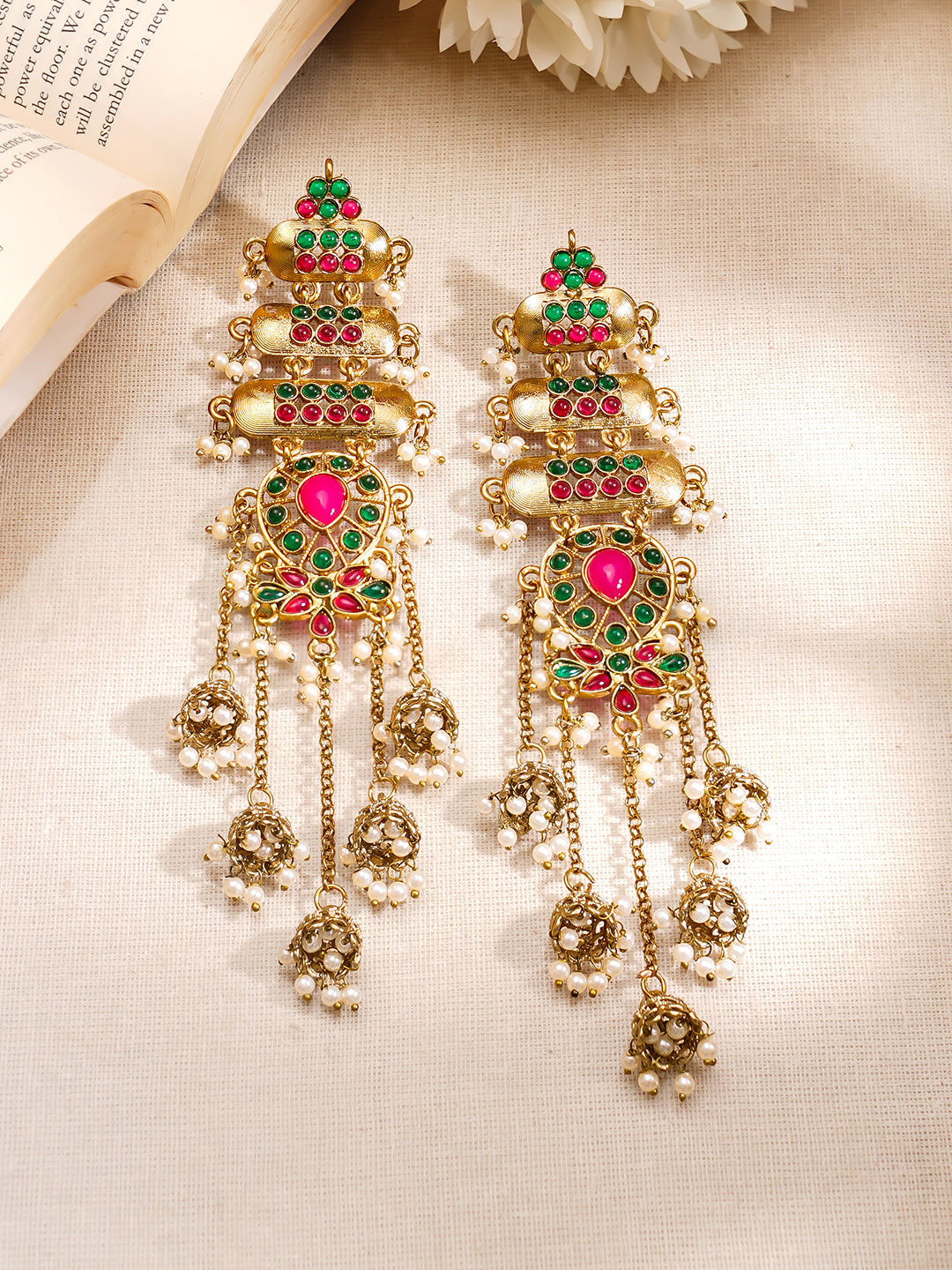 Royal Ruby Green Festive Kashmiri Earrings Length - 13 cm