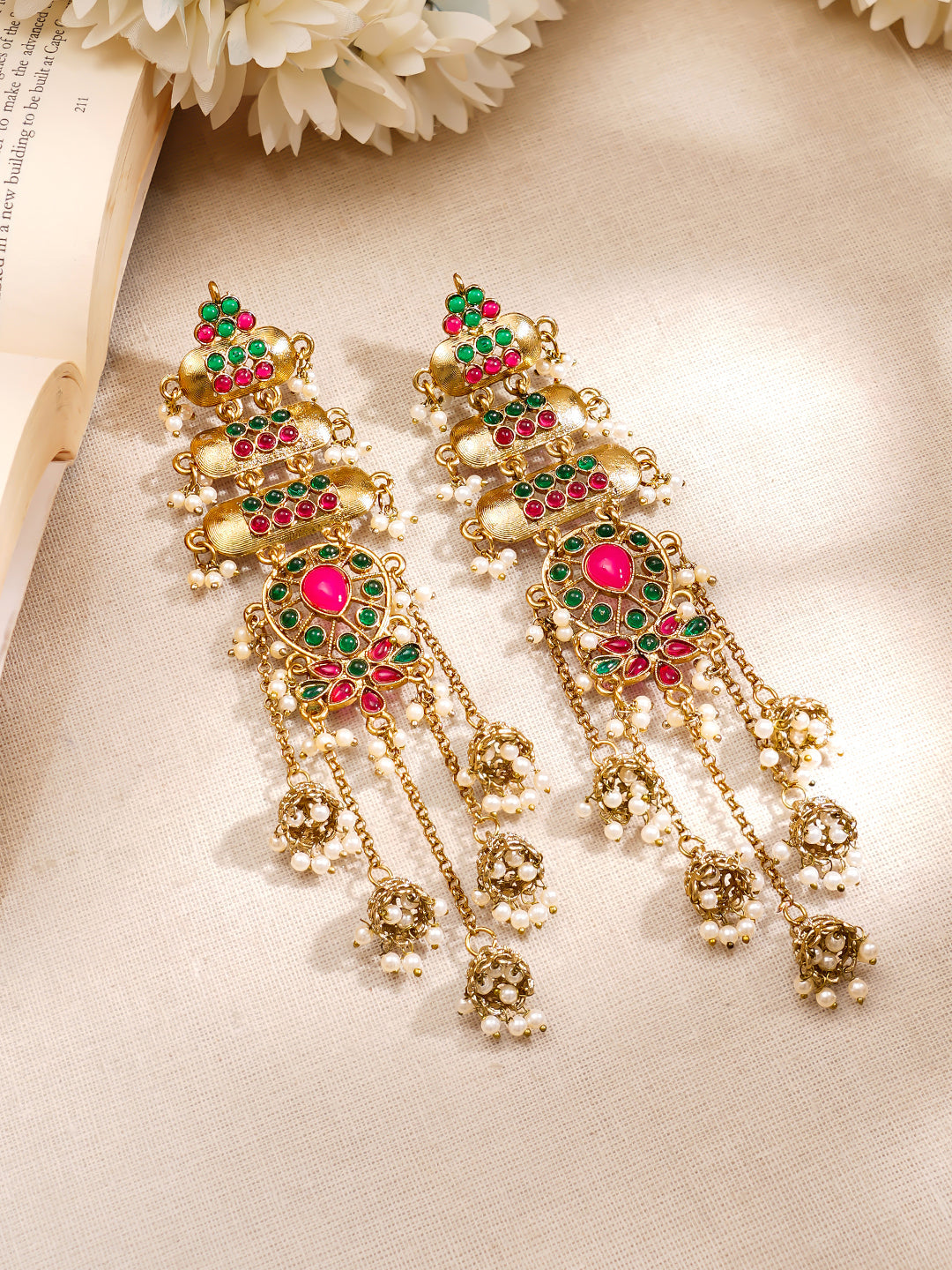 Royal Ruby Green Festive Kashmiri Earrings Length - 13 cm
