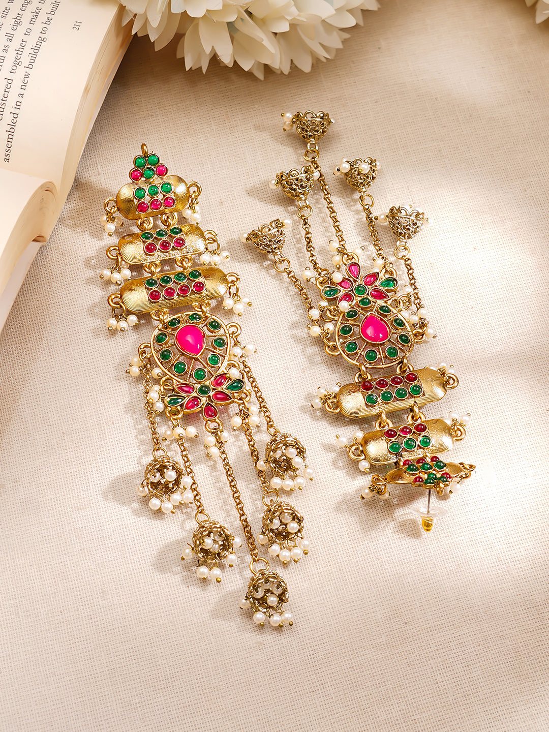 Royal Ruby Green Festive Kashmiri Earrings Length - 13 cm