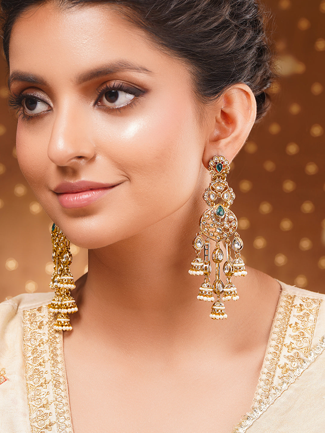 Emerald Bridal Jhumki Chandelier Earrings Length - L:12