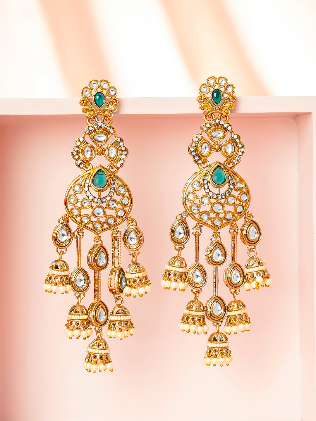 Emerald Bridal Jhumki Chandelier Earrings Length - L:12