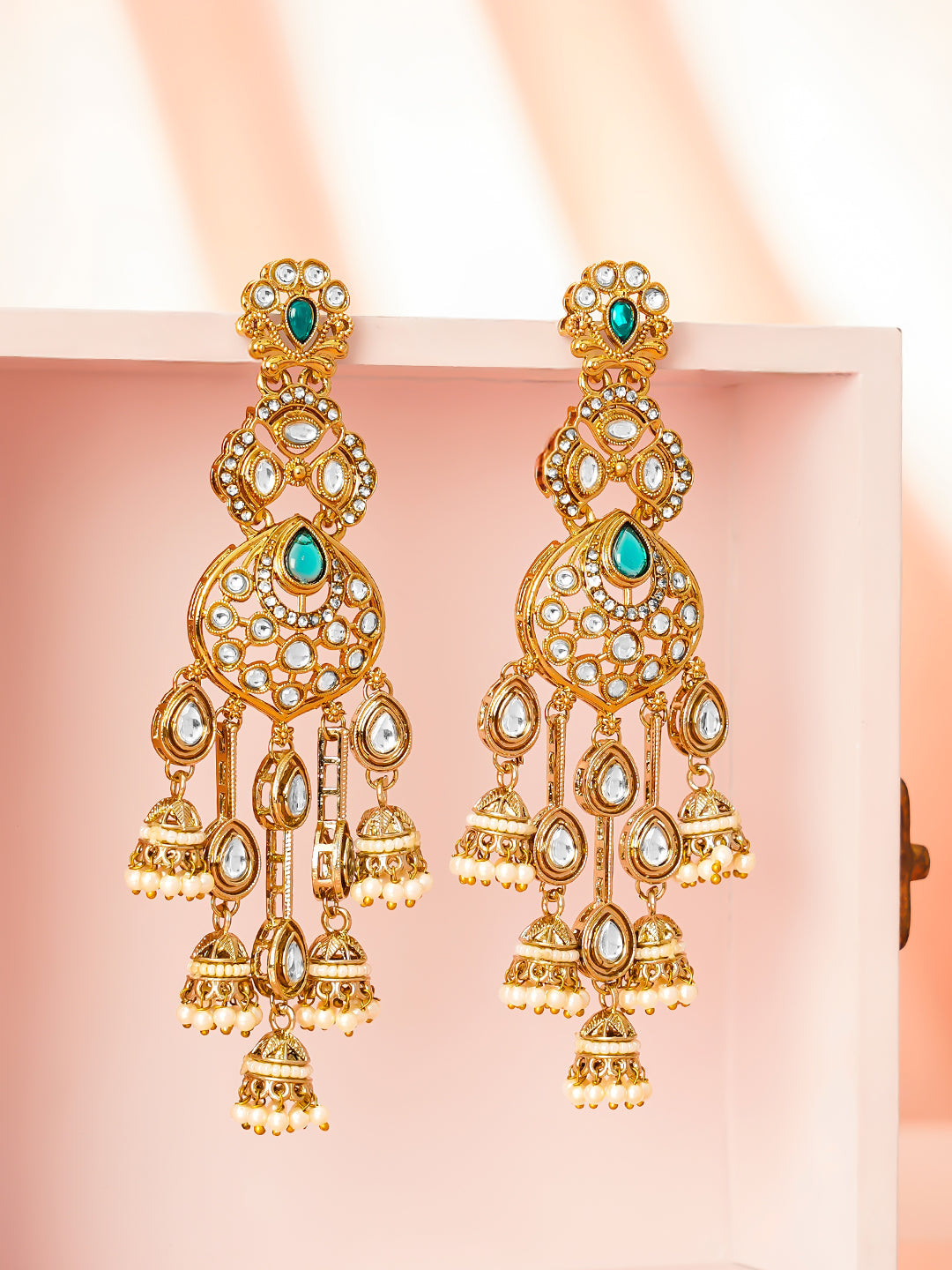 Emerald Bridal Jhumki Chandelier Earrings Length - L:12