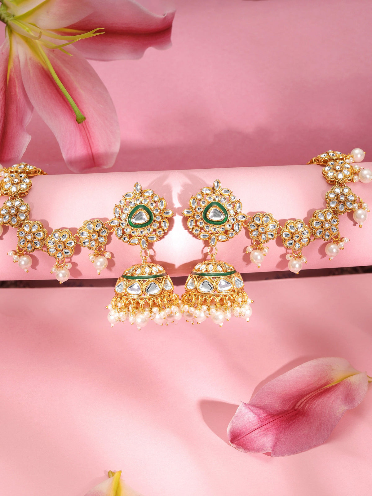 Radiant White Kundan Jhumka with Kaan Chain Gold