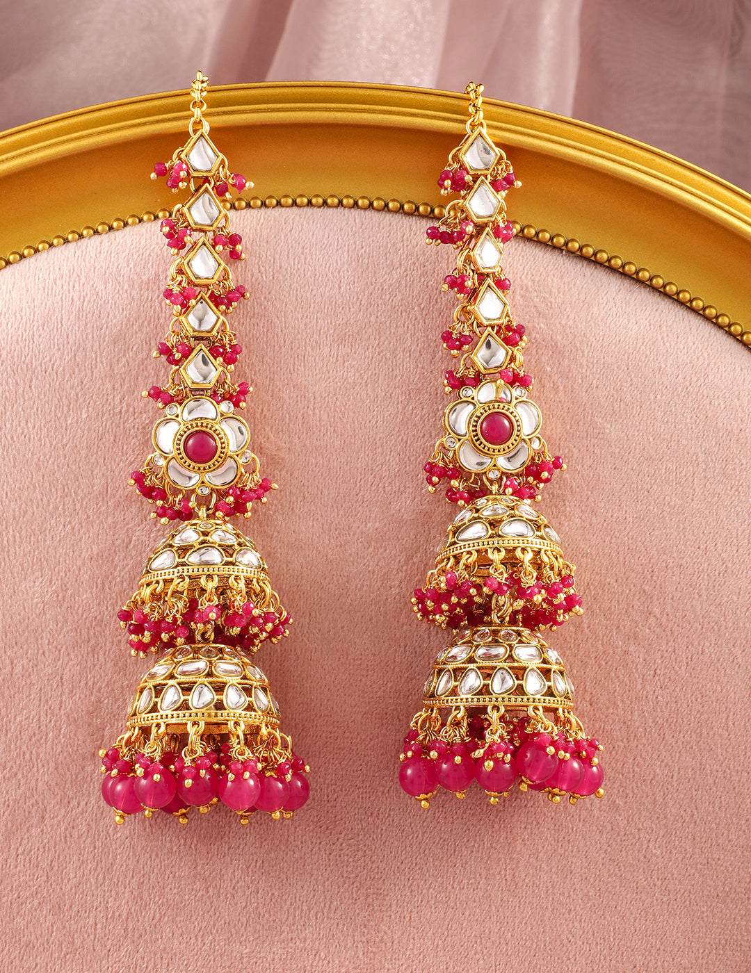 Luxurious Kundan Layered Pink Jhumka フリーサイズ