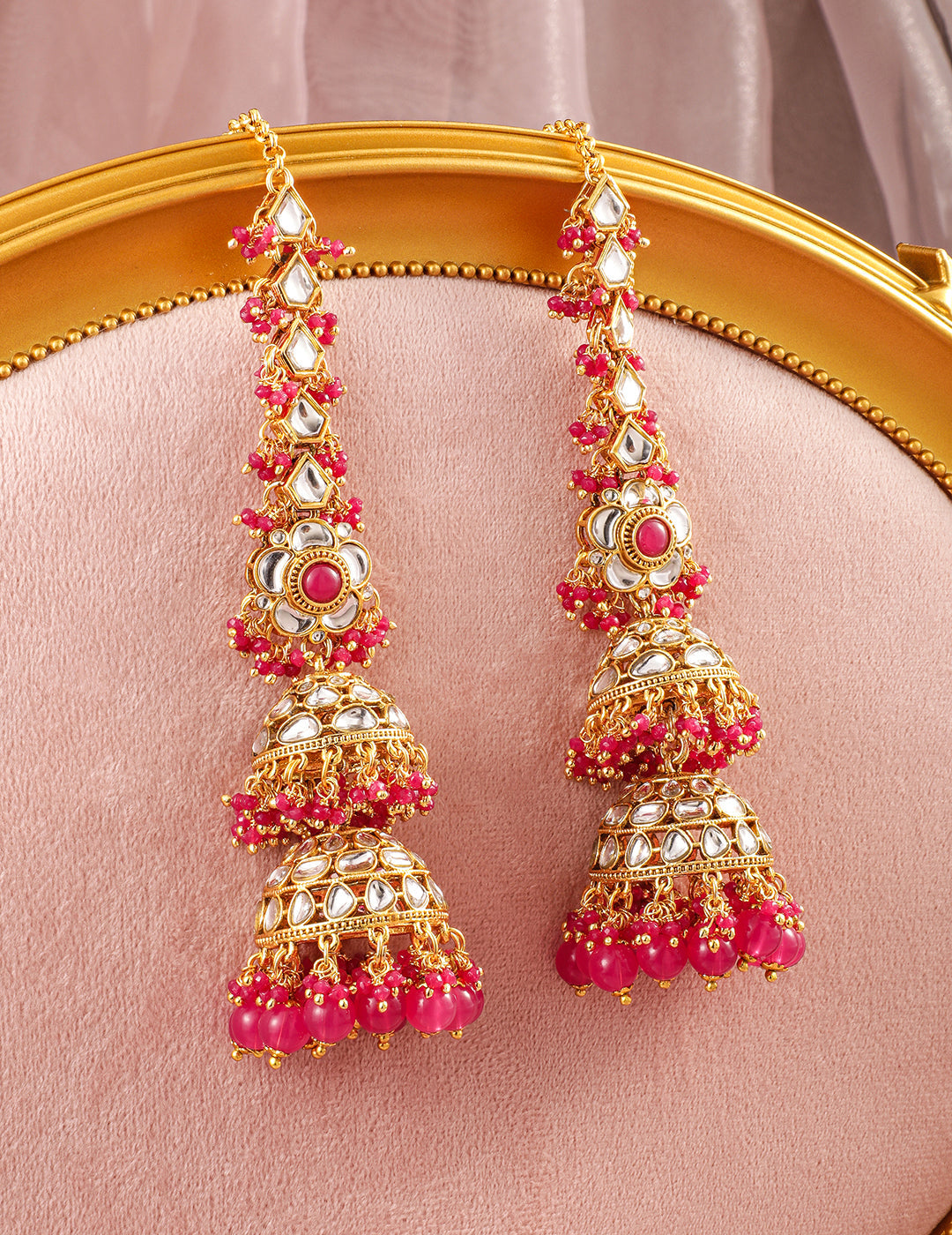 Luxurious Kundan Layered Pink Jhumka フリーサイズ