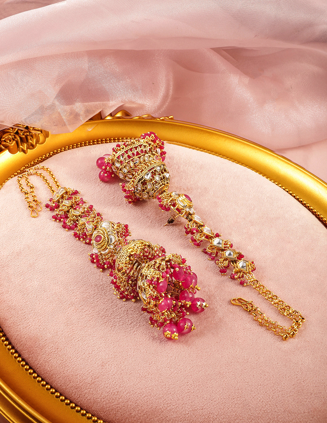 Luxurious Kundan Layered Pink Jhumka フリーサイズ