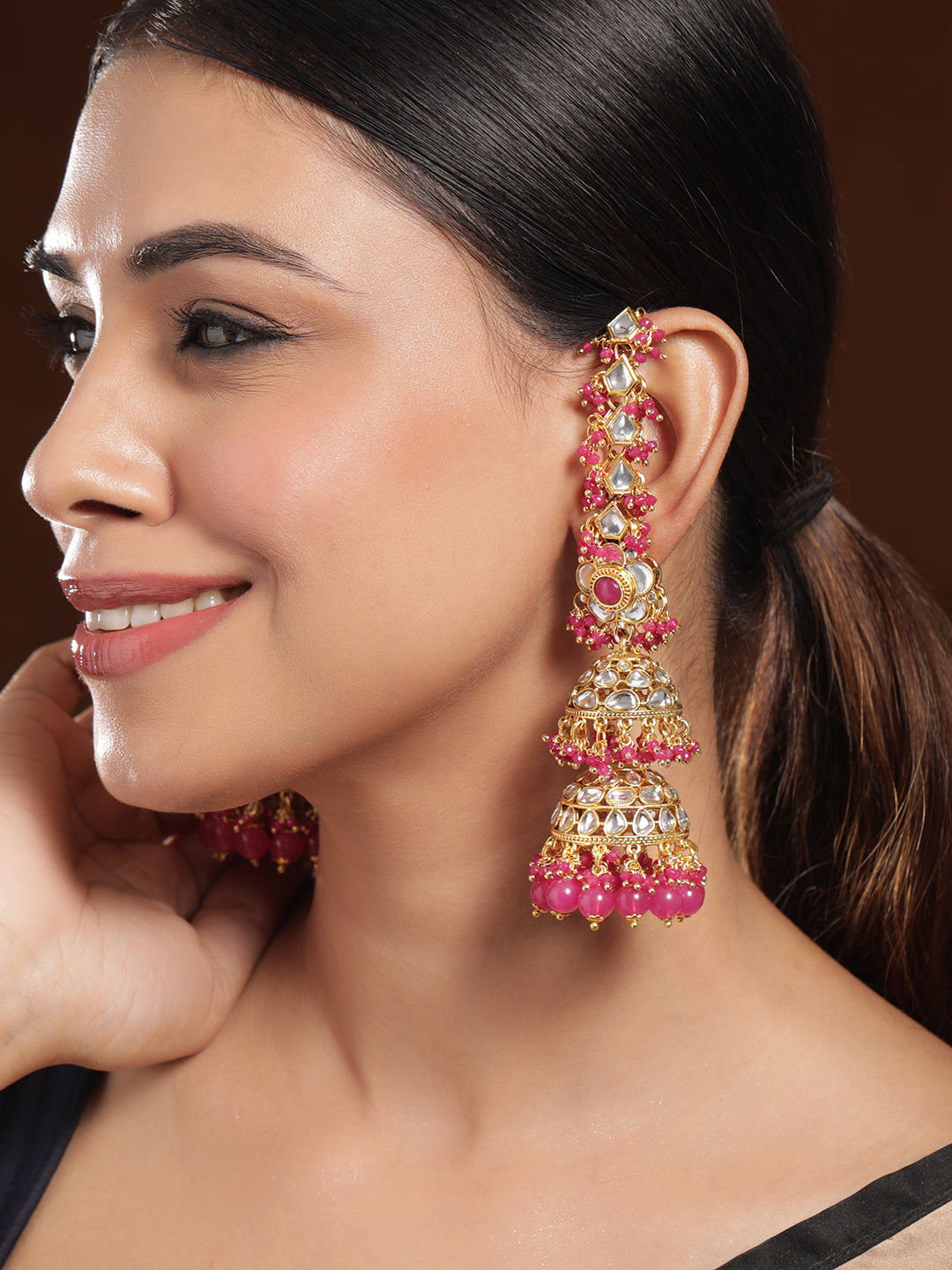 Luxurious Kundan Layered Pink Jhumka フリーサイズ