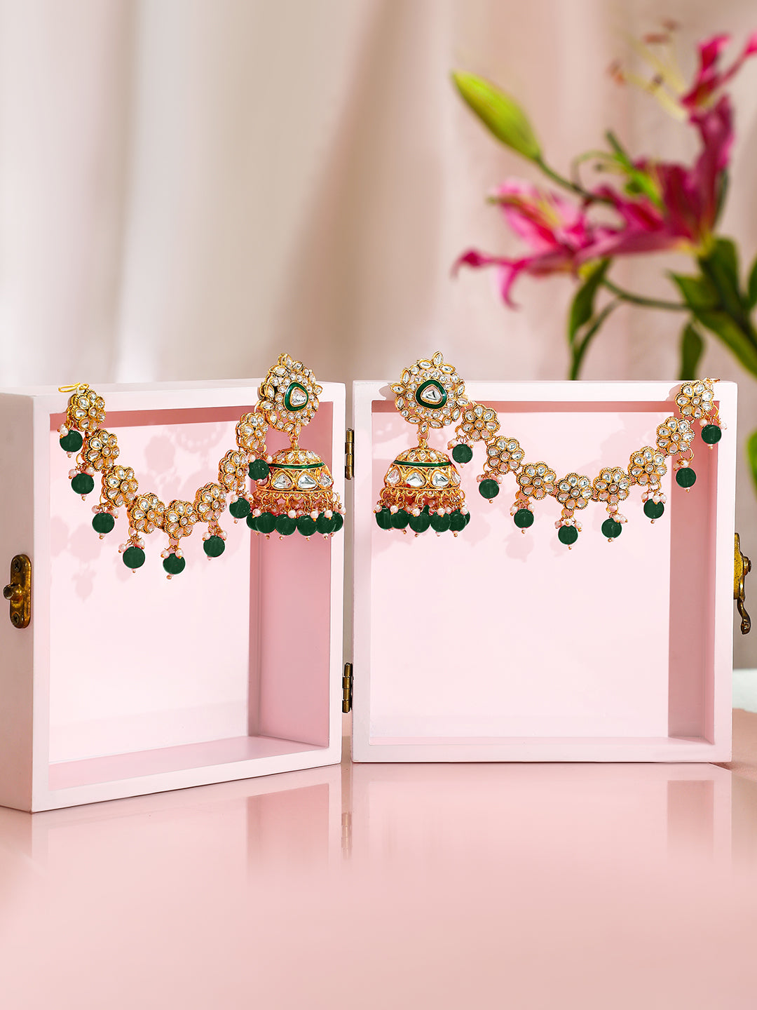 Royal Kaan Chain Kundan Green Jhumka Earrings フリーサイズ