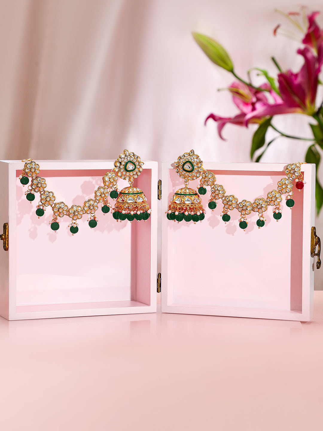 Royal Kaan Chain Kundan Green Jhumka Earrings フリーサイズ