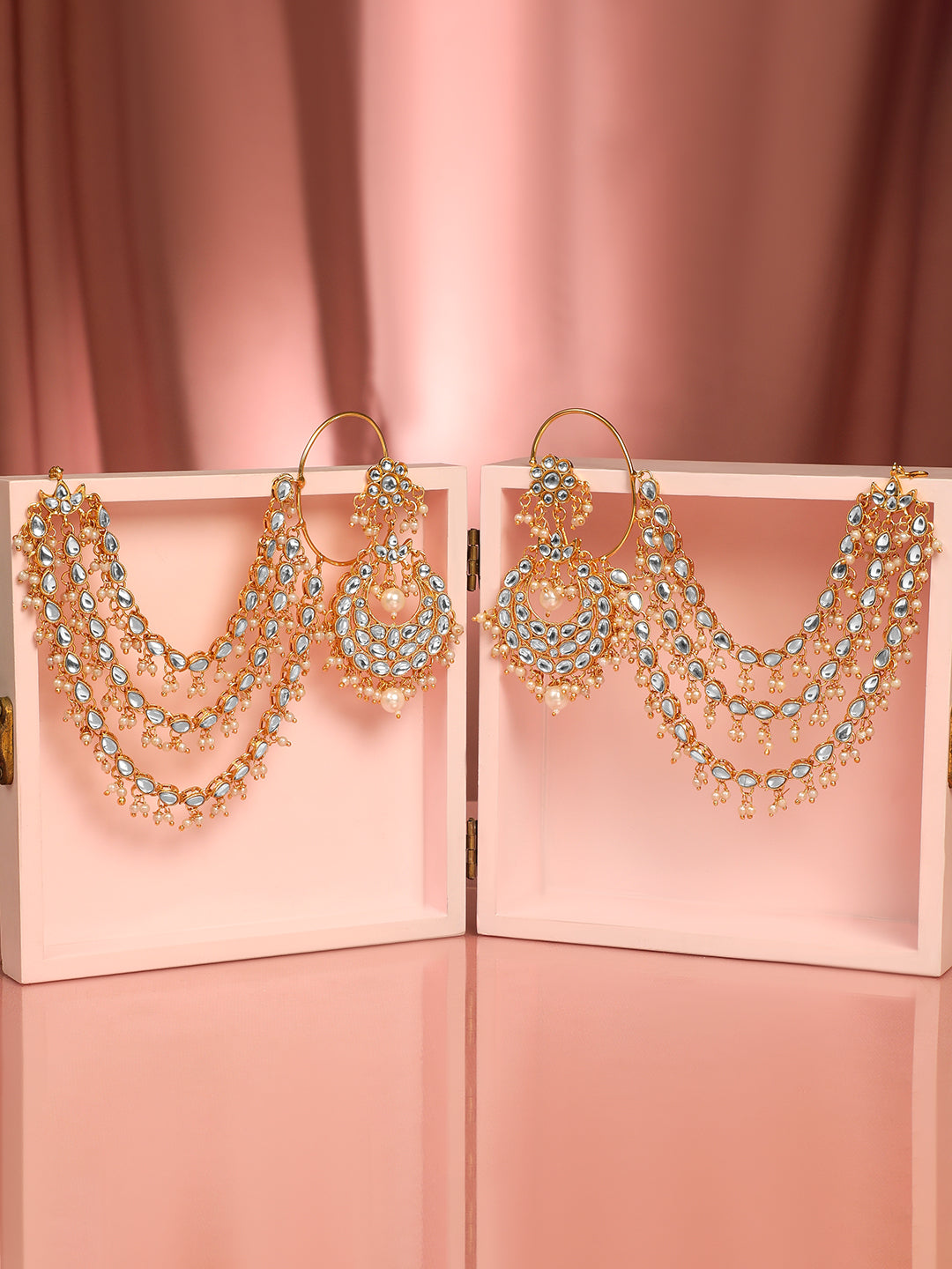 Royal White Kundan Chandbali with Kaan Chain Gold