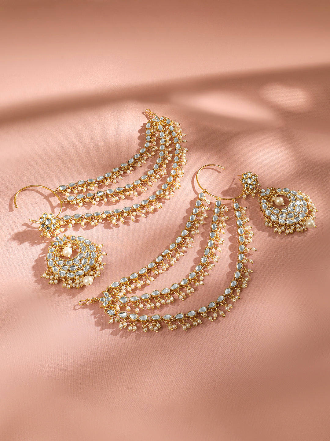 Royal White Kundan Chandbali with Kaan Chain Gold