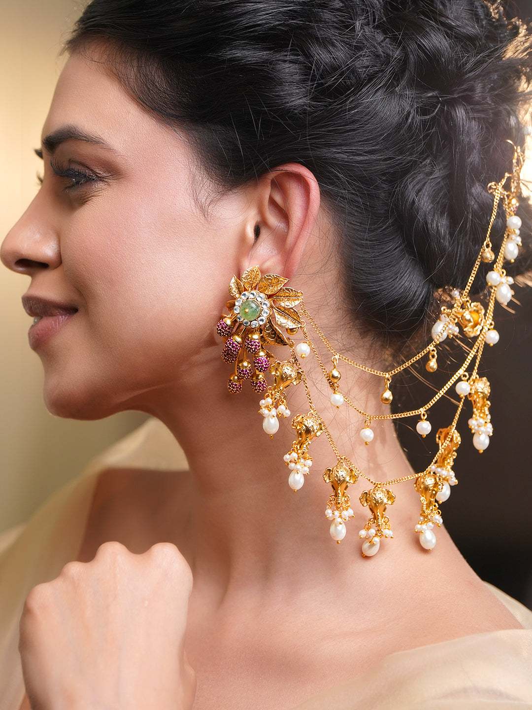 Bridal Blossom Pearl Ear Chain Earrings フリーサイズ