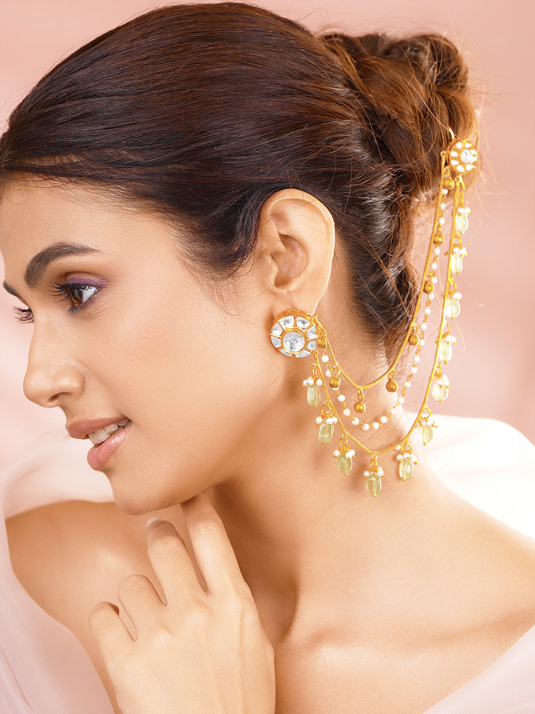 【Rubans】 Gold-Plated White & Mint Kundan Beaded Ear Kaan Chain Earrings｜ゴールドメッキ ホワイト＆ミント クンダン ビーズ カーンチェーン イヤリング