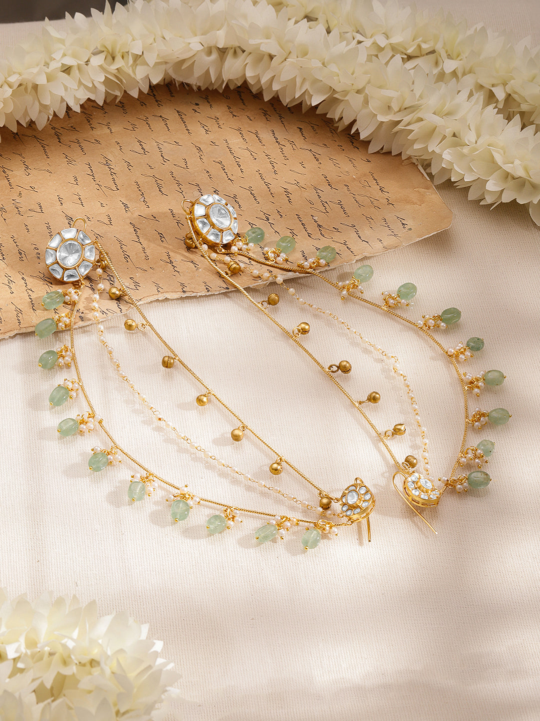 【Rubans】 Gold-Plated White & Mint Kundan Beaded Ear Kaan Chain Earrings｜ゴールドメッキ ホワイト＆ミント クンダン ビーズ カーンチェーン イヤリング