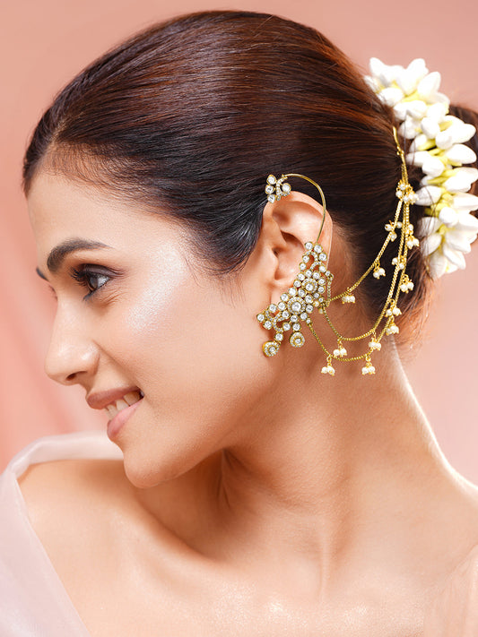 【Rubans】 Gold-Plated White Kundan Pearl Kaan Chain Earrings｜ゴールドメッキ ホワイトクンダン パール カーンチェーン イヤリング