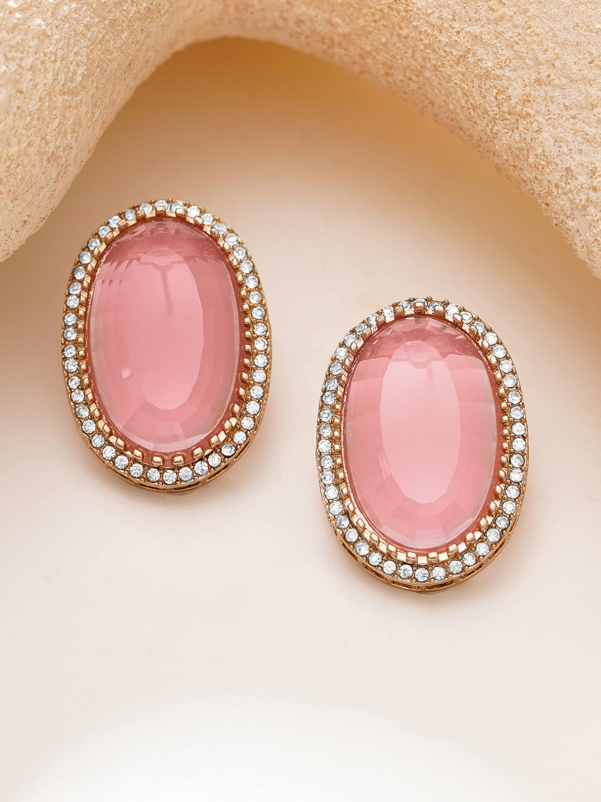 【Rubans】Gold Plated Blush Rose Halo Oval Statement Studs Earrings｜ゴールドメッキ ブラッシュローズ ヘイロー オーバル スタッドピアス