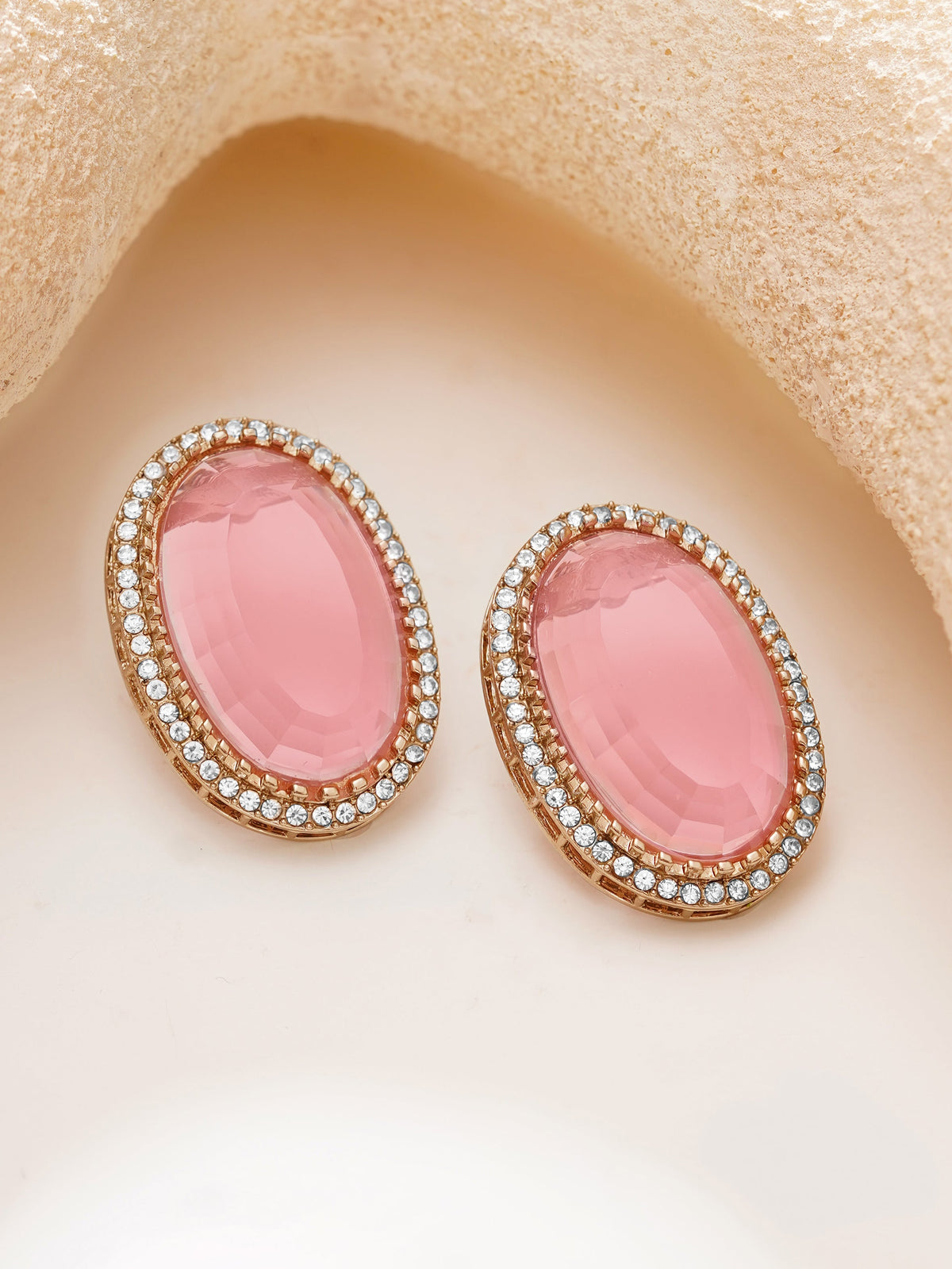 【Rubans】Gold Plated Blush Rose Halo Oval Statement Studs Earrings｜ゴールドメッキ ブラッシュローズ ヘイロー オーバル スタッドピアス