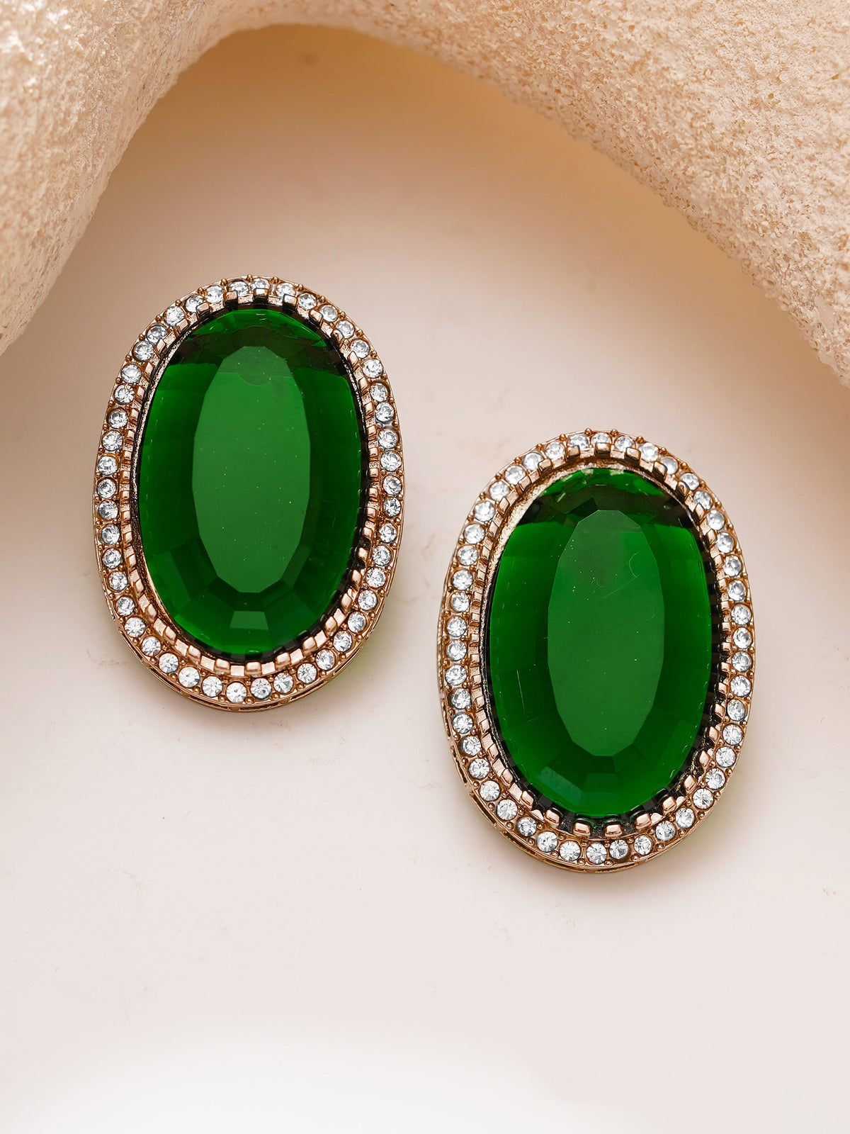 【Rubans】Gold Plated Emerald Crown Halo Oval Statement Studs Earrings｜ゴールドメッキ エメラルド クラウン ヘイロー オーバル スタッドピアス