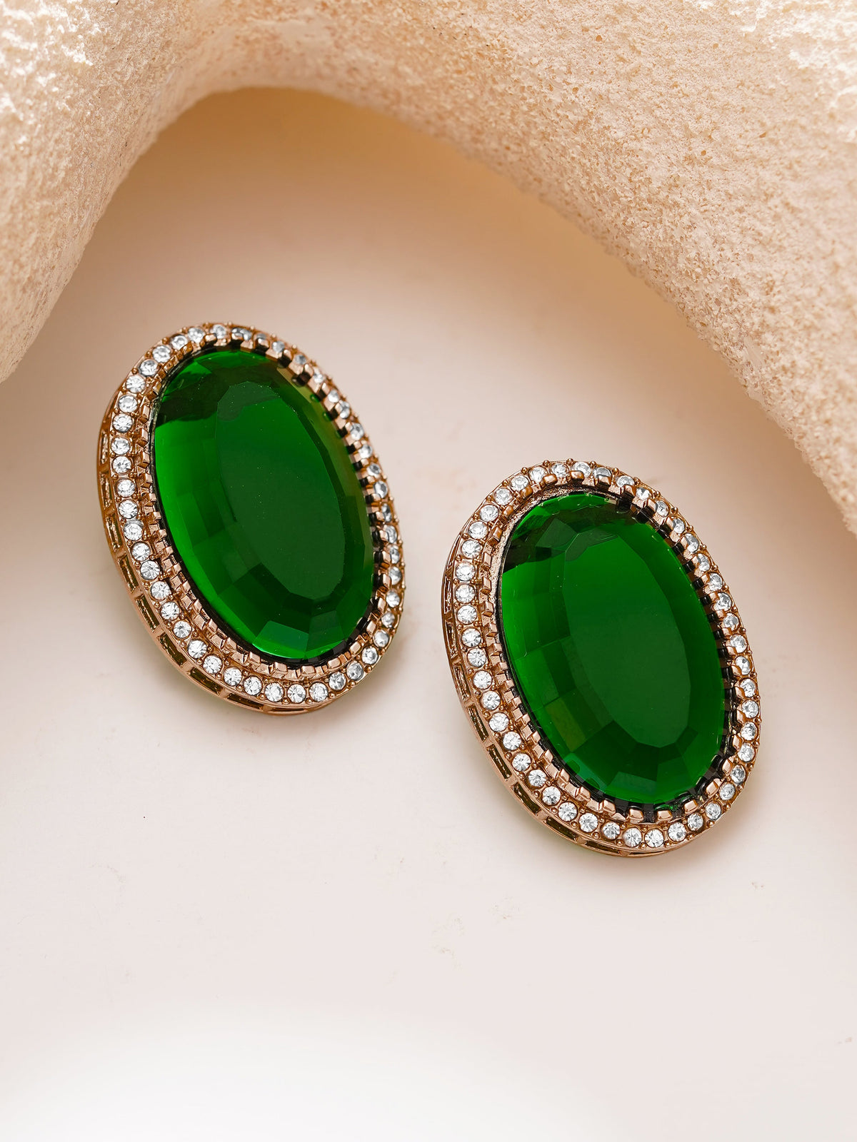 【Rubans】Gold Plated Emerald Crown Halo Oval Statement Studs Earrings｜ゴールドメッキ エメラルド クラウン ヘイロー オーバル スタッドピアス