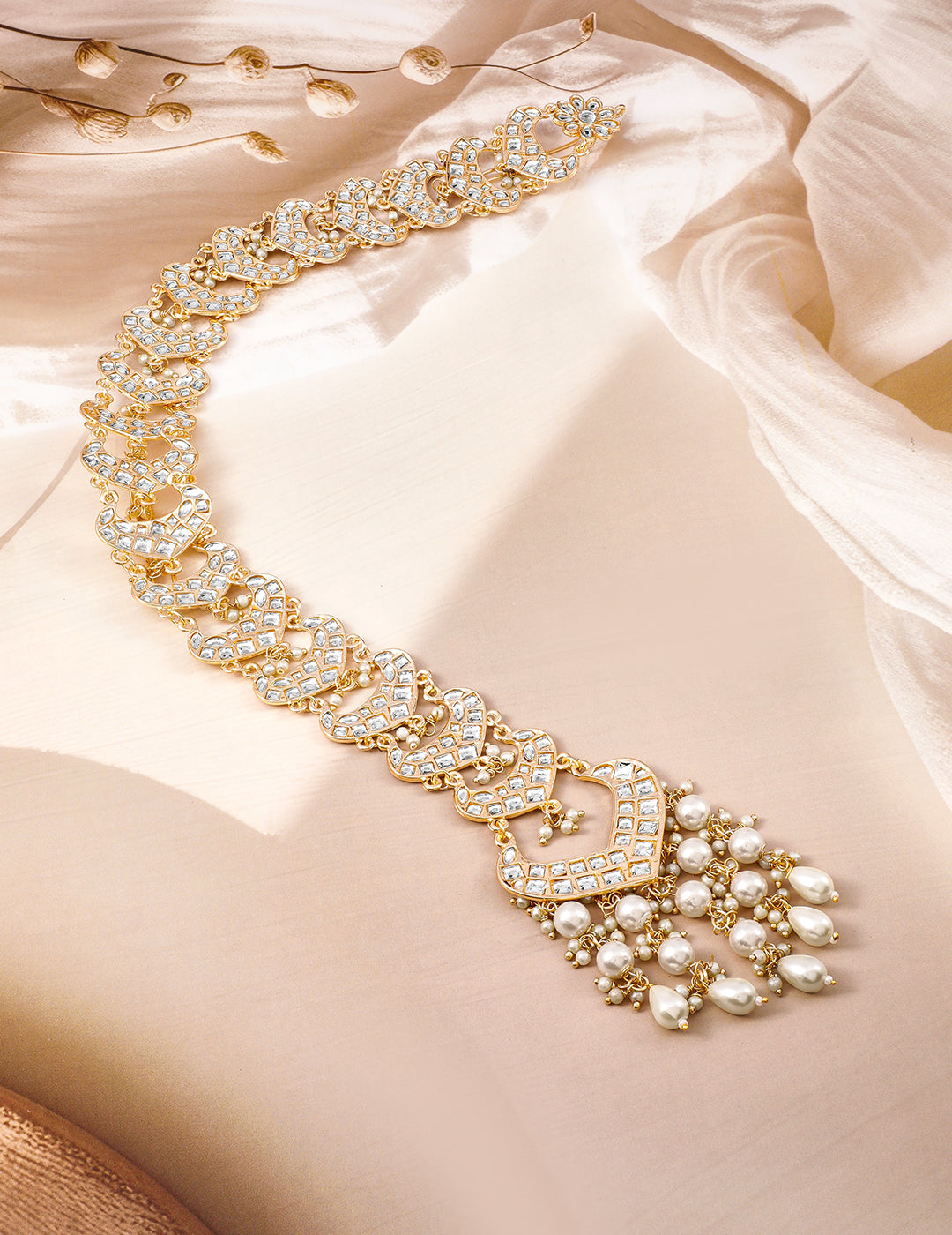 White Kundan Starfall Braid Brooch Gold