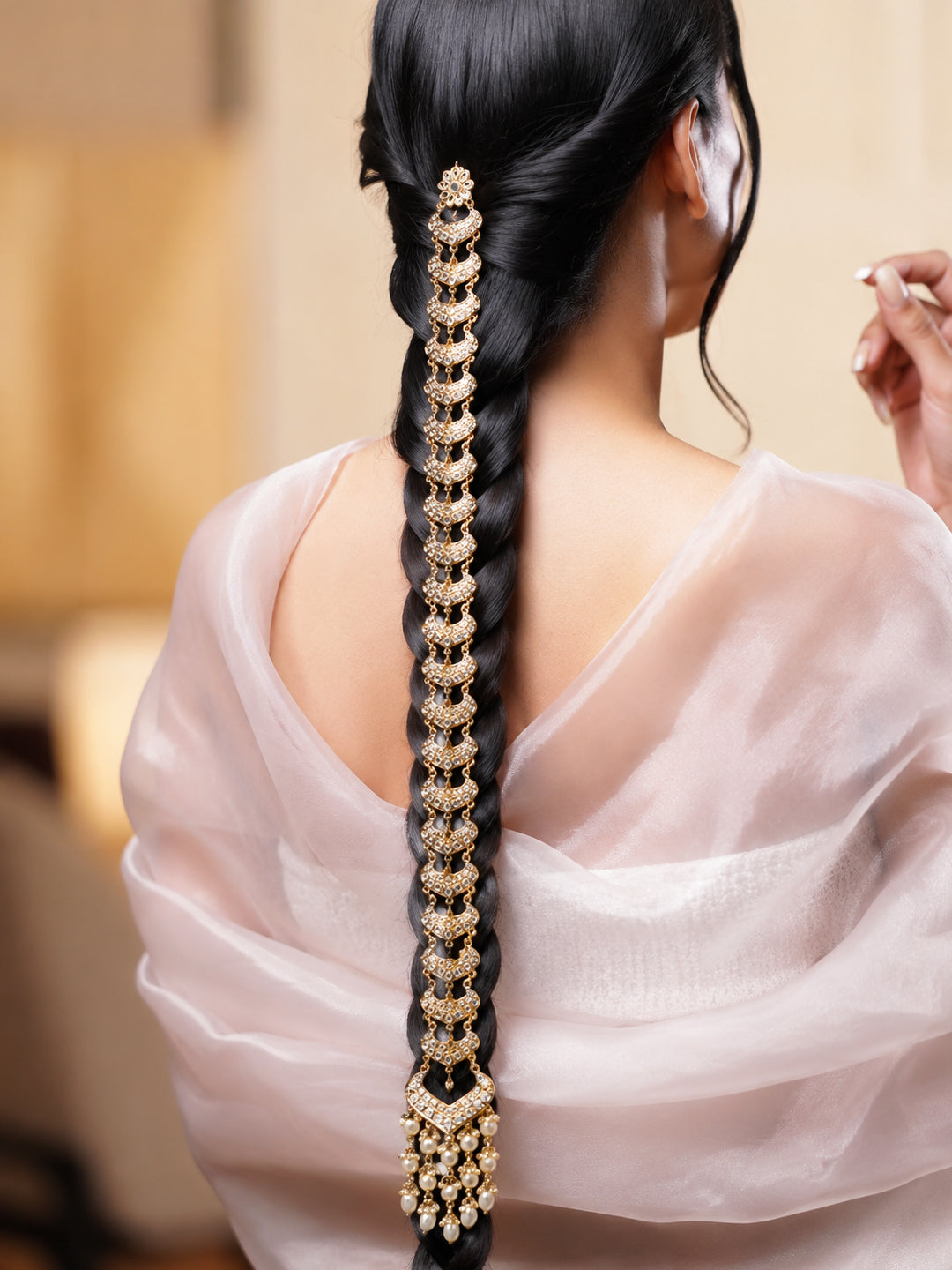 White Kundan Starfall Braid Brooch Gold