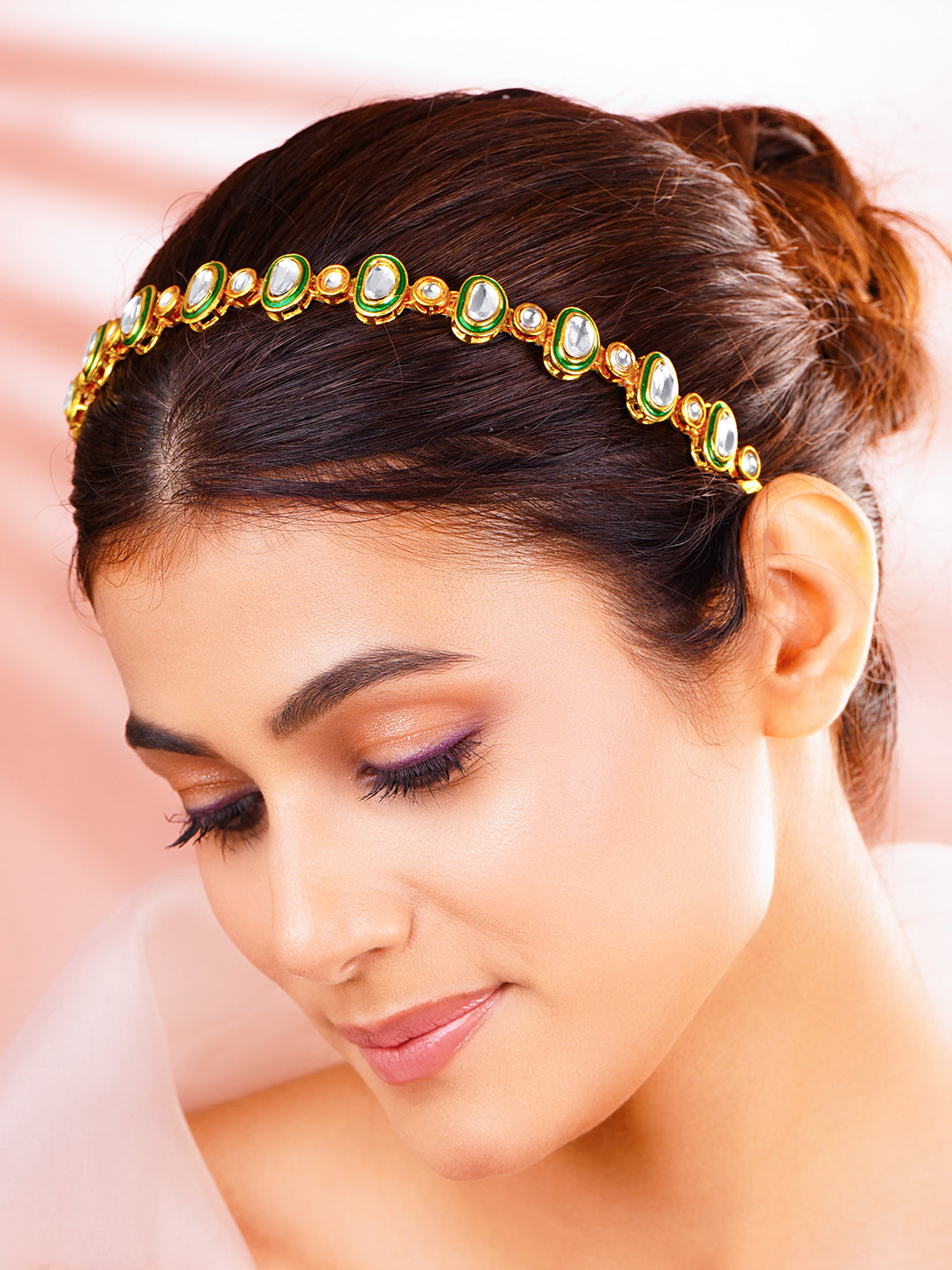 Festive Green Kundan Hair Band フリーサイズ