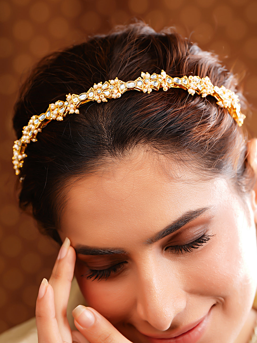【Rubans】 Gold Plated Pearl Kundan Hairband｜ゴールドメッキ パール クンダン ヘアバンド