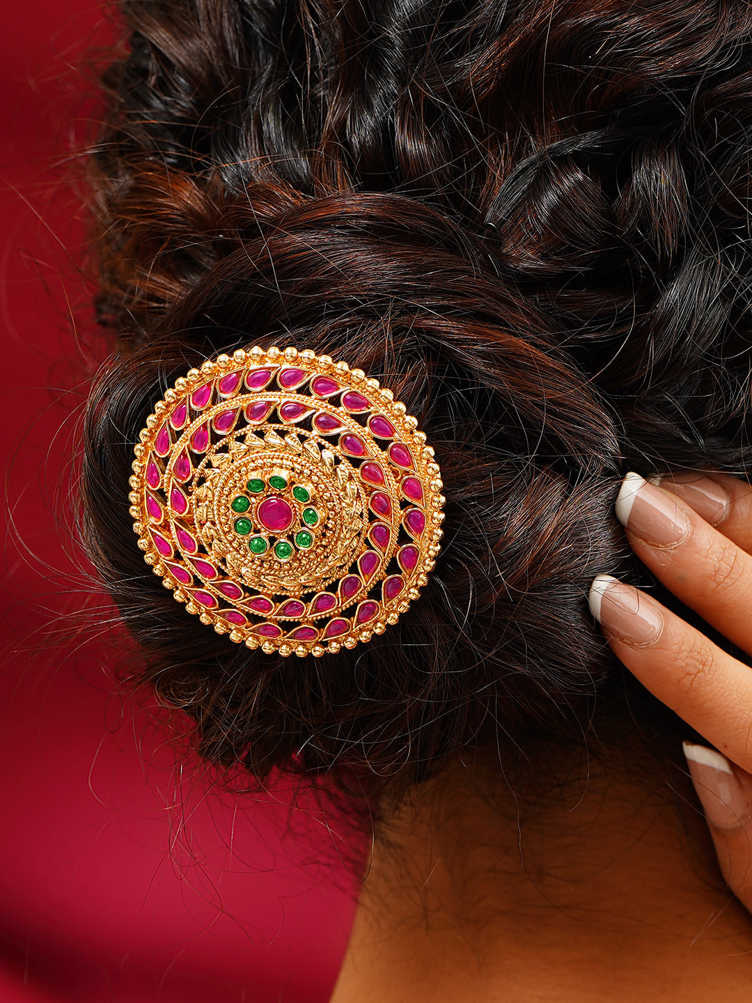 【Rubans】 Gold-Plated Ruby & Green Kundan Hair Brooch｜ゴールドメッキ ルビー＆グリーン クンダン ヘアブローチ