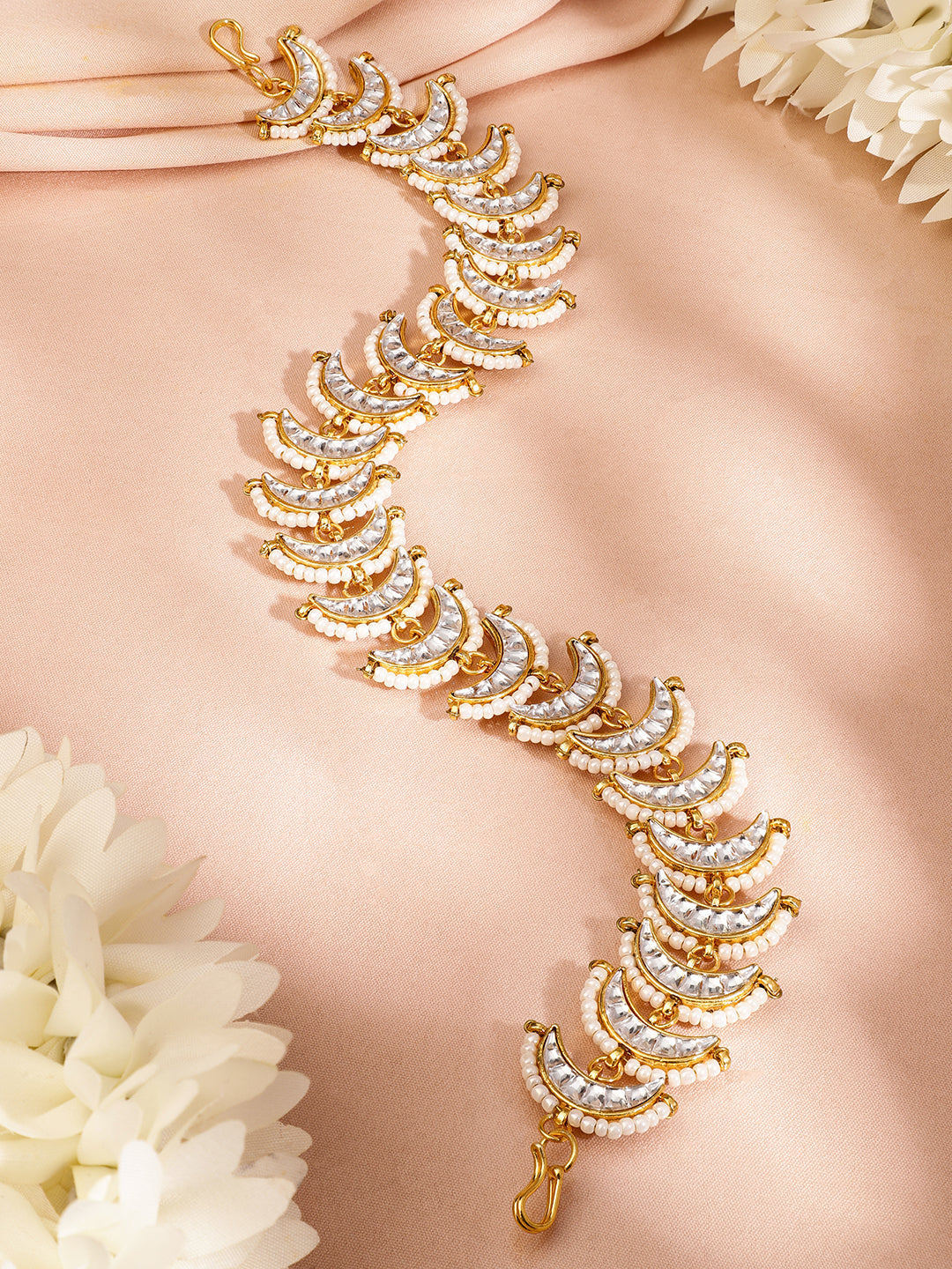 White Kundan Starfall Braid Brooch Gold