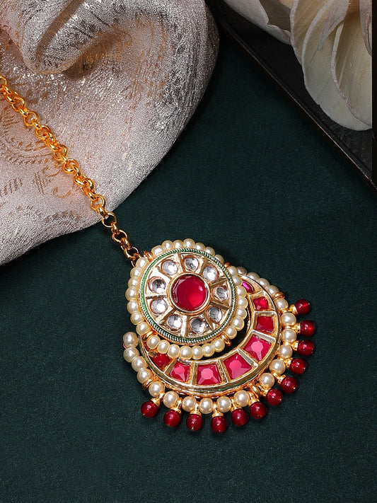 Rubans Gold Plated Handcrafted Kundan Maangtikka Red