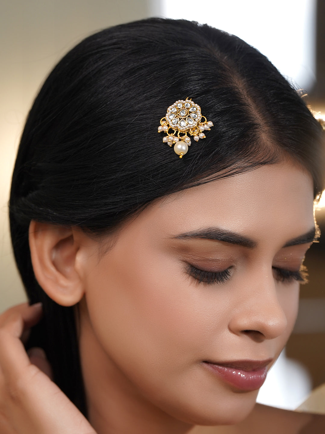 Rubans Set of 3 18K Gold Plated Brass Kundan Pearl Floral Hair Pin Accessory フリーサイズ