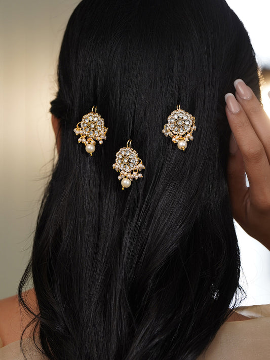 Rubans Set of 3 18K Gold Plated Brass Kundan Pearl Floral Hair Pin Accessory フリーサイズ