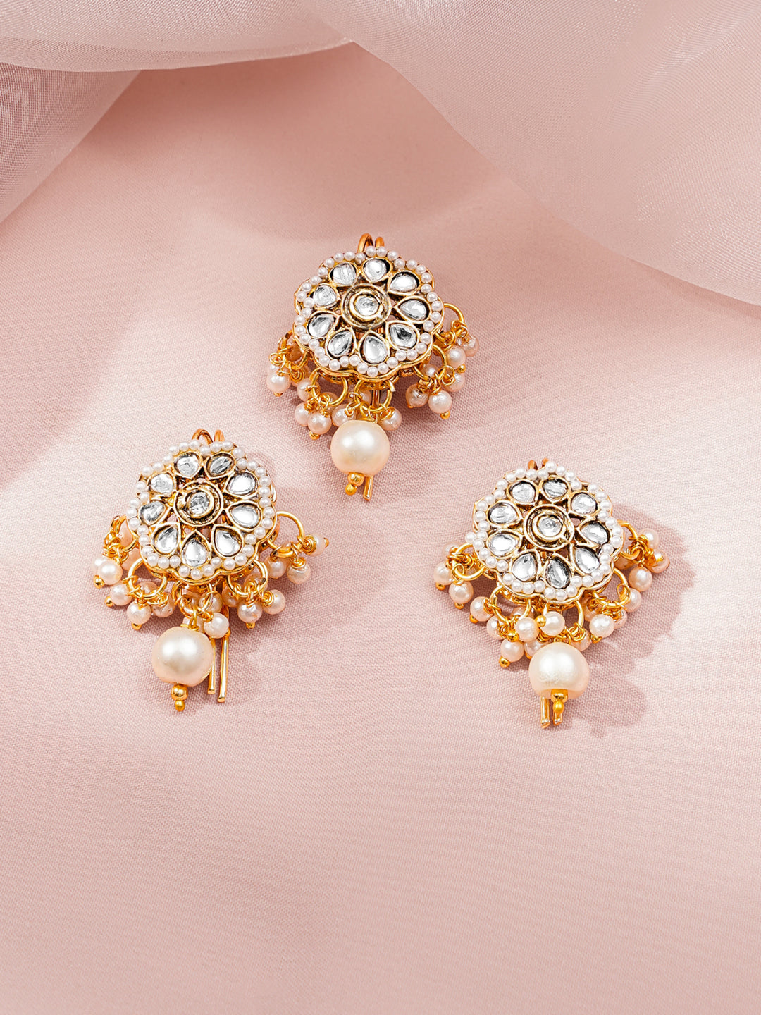 Rubans Set of 3 18K Gold Plated Brass Kundan Pearl Floral Hair Pin Accessory フリーサイズ