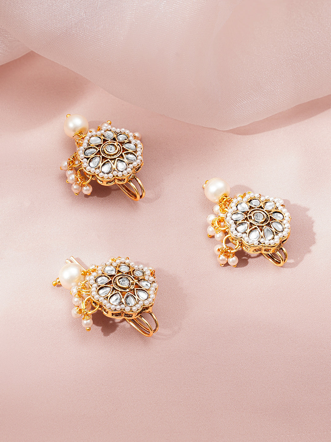 Rubans Set of 3 18K Gold Plated Brass Kundan Pearl Floral Hair Pin Accessory フリーサイズ