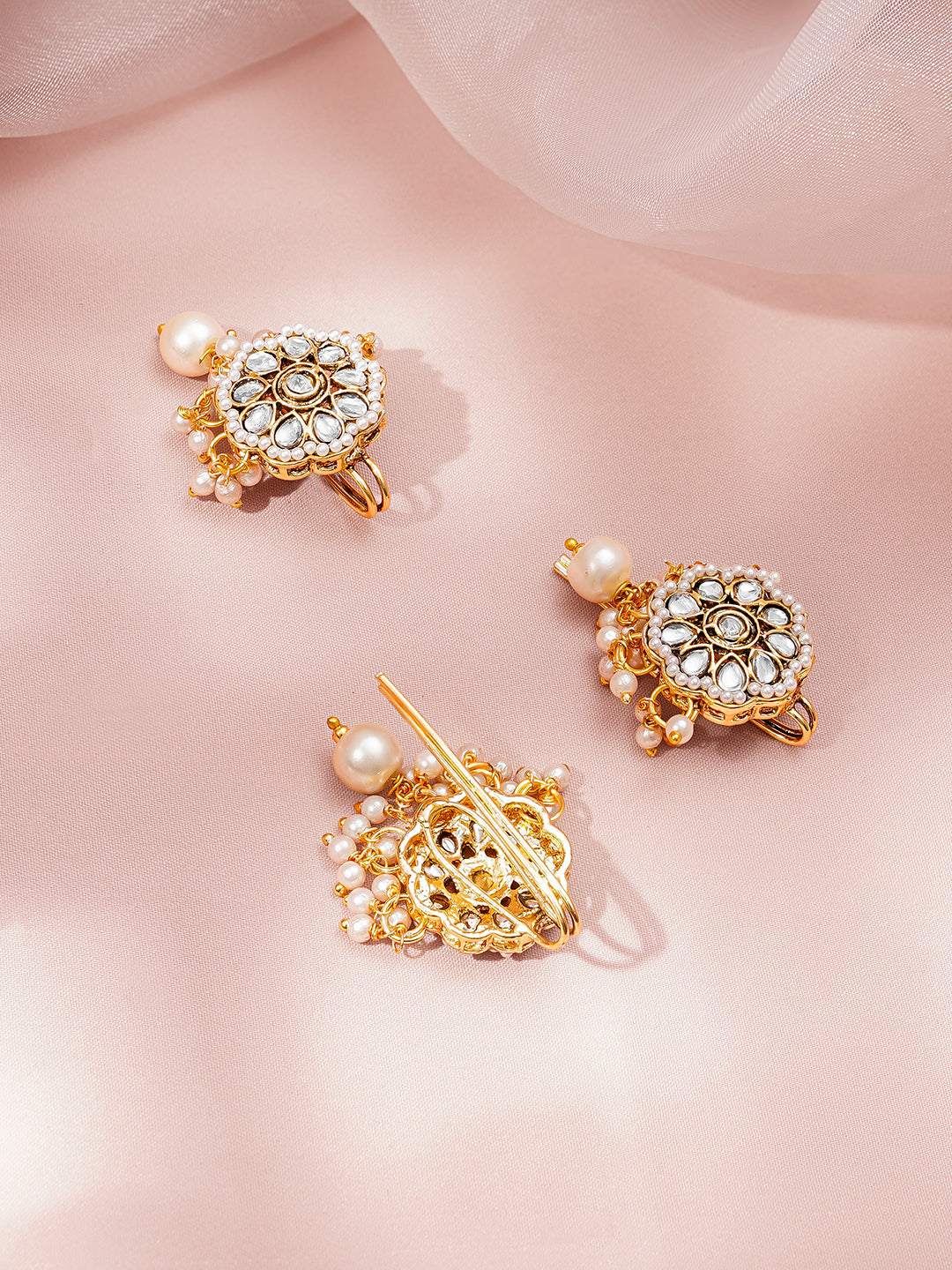 Rubans Set of 3 18K Gold Plated Brass Kundan Pearl Floral Hair Pin Accessory フリーサイズ