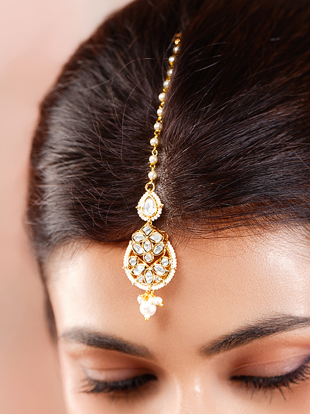 【Rubans】 Gold Plated Pearl Beaded Kundan Maang Tikka｜ゴールドメッキ パールビーズ クンダン マーンティッカ（額飾り）