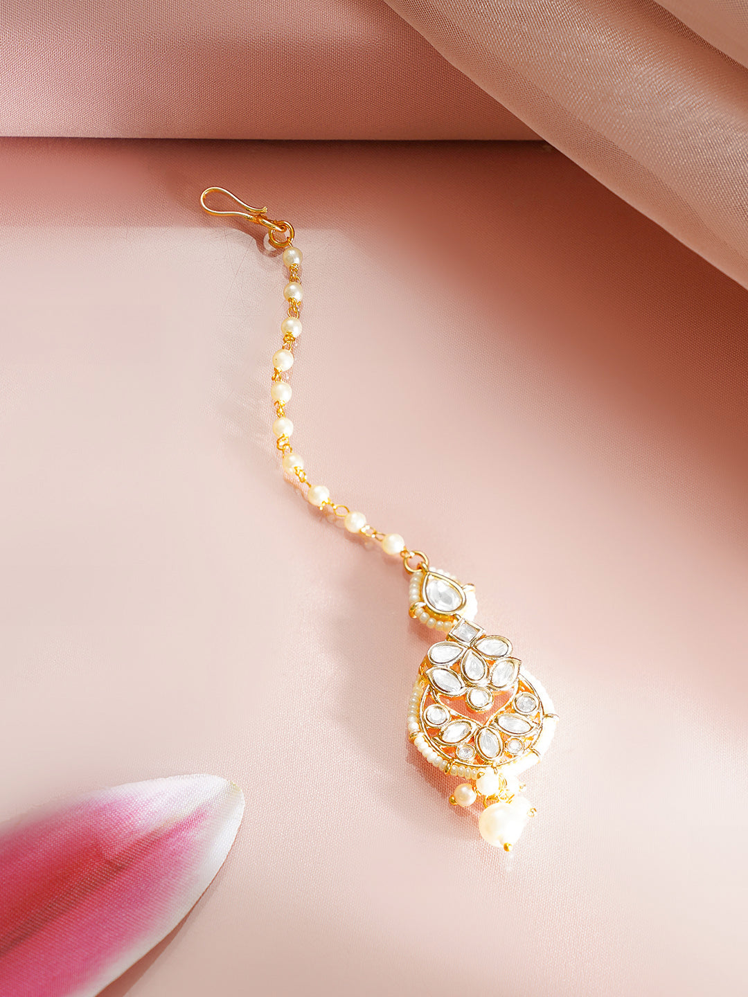 【Rubans】 Gold Plated Pearl Beaded Kundan Maang Tikka｜ゴールドメッキ パールビーズ クンダン マーンティッカ（額飾り）