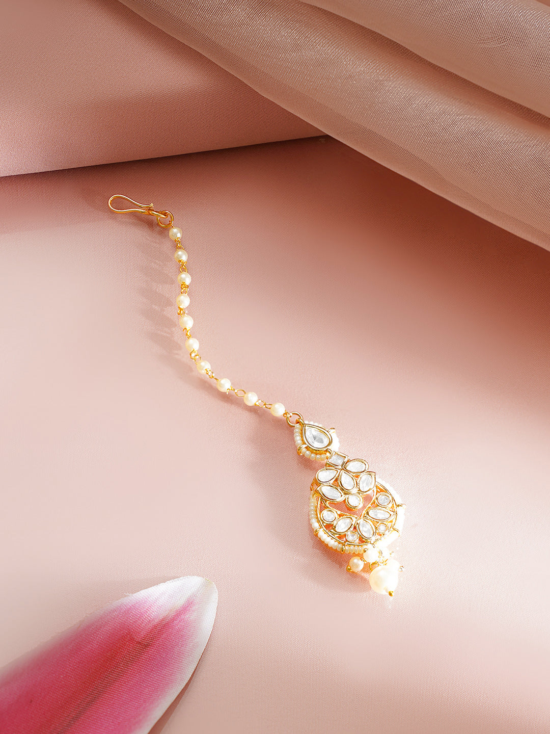 【Rubans】 Gold Plated Pearl Beaded Kundan Maang Tikka｜ゴールドメッキ パールビーズ クンダン マーンティッカ（額飾り）