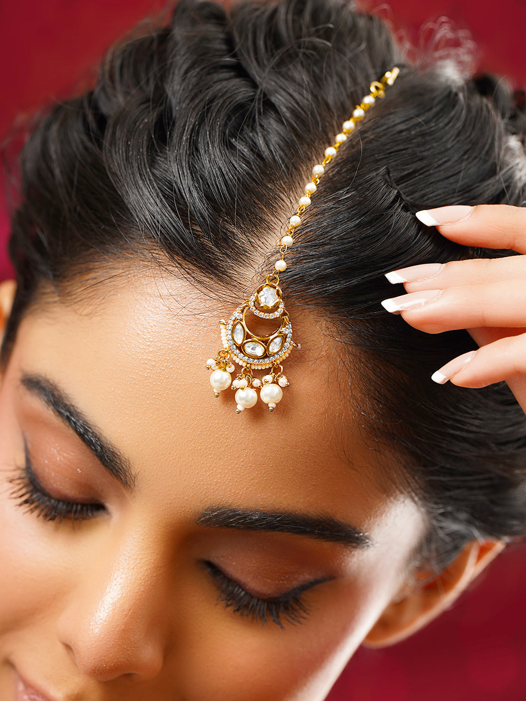 【Rubans】 Gold Plated Kundan Pearl Maang Tikka｜ゴールドメッキ クンダン パール マーンティッカ（額飾り）