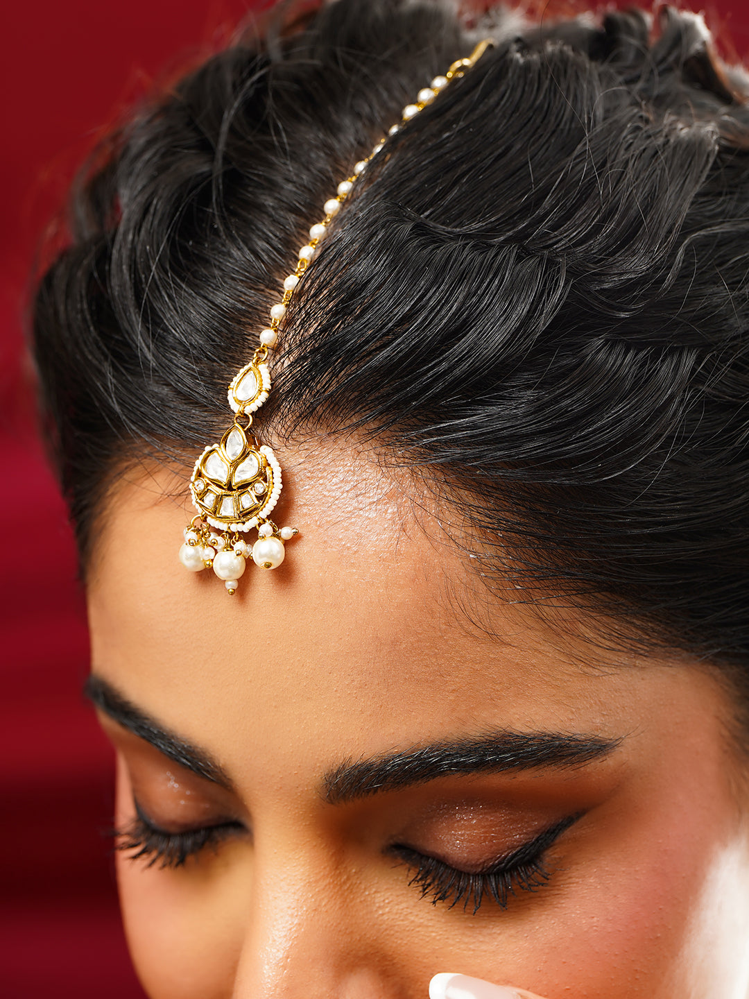 【Rubans】 Gold Plated Kundan Pearl Maang Tikka｜ゴールドメッキ クンダン パール マーンティッカ