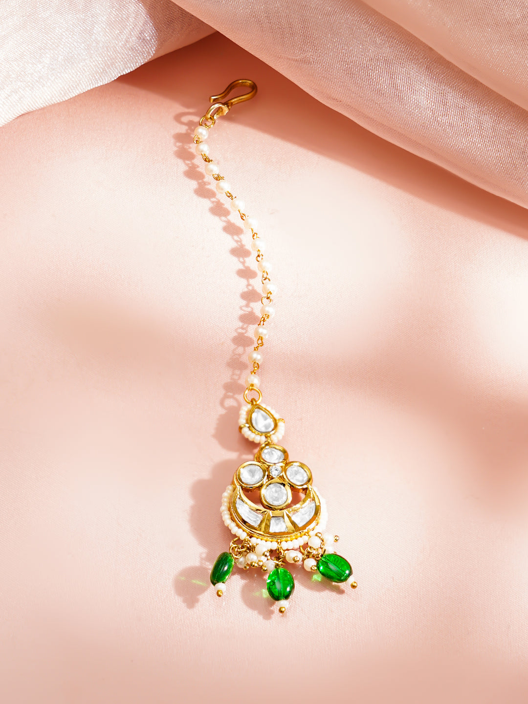 【Rubans】 Gold Plated Green Beaded Kundan Pearl Maang Tikka｜ゴールドメッキ グリーンビーズ クンダン パール マーンティッカ（額飾り）