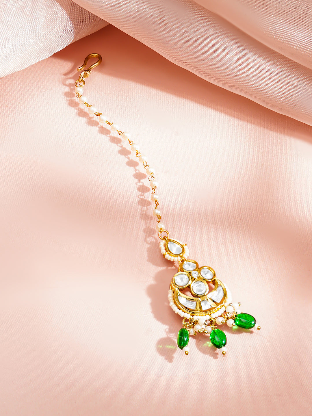 【Rubans】 Gold Plated Green Beaded Kundan Pearl Maang Tikka｜ゴールドメッキ グリーンビーズ クンダン パール マーンティッカ（額飾り）